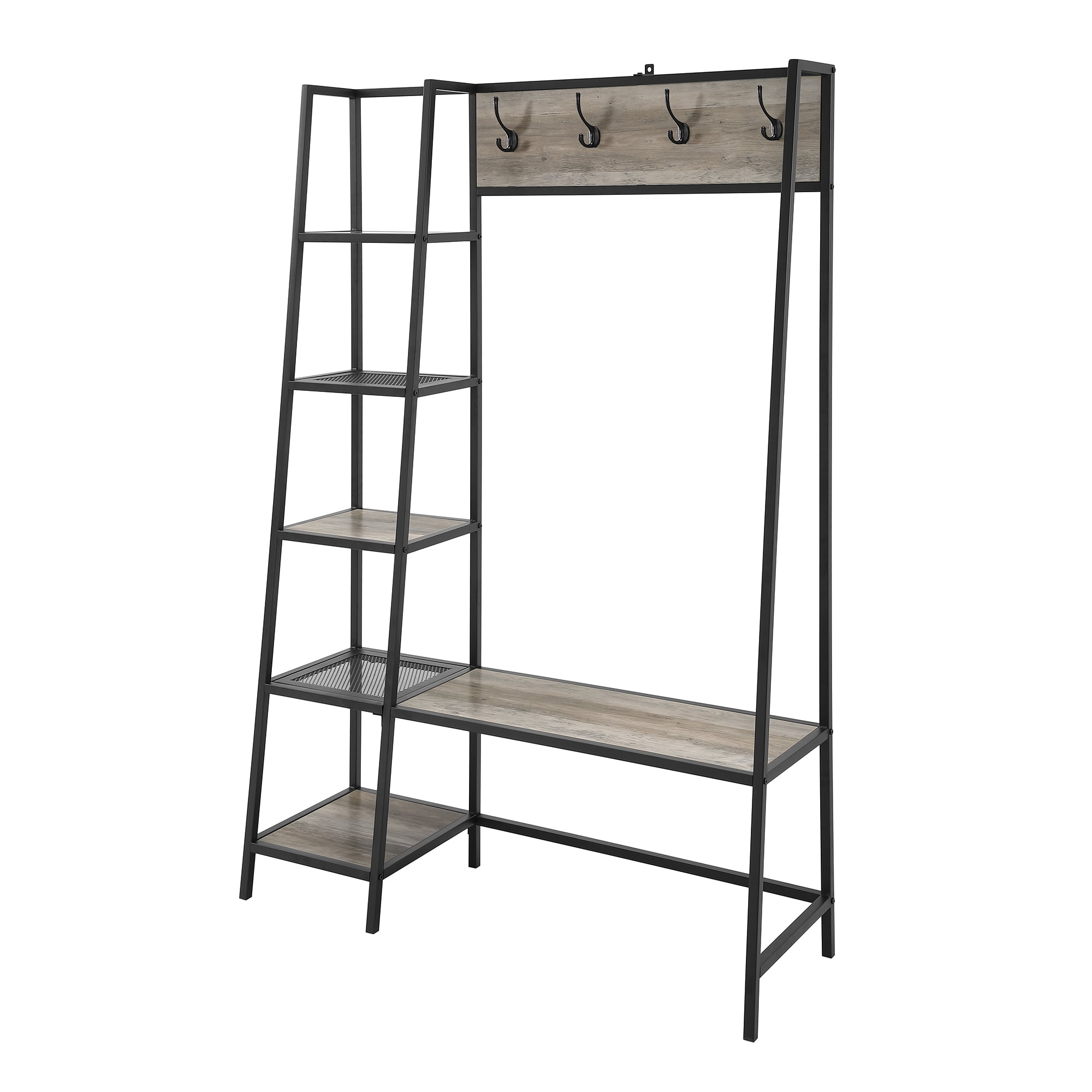 Woven Paths Modern Hall Tree with Bench and 5 Shelves, Grey Wash