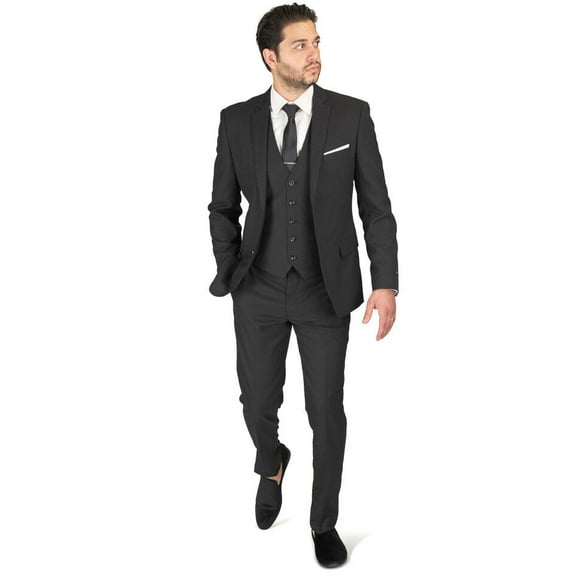 Slim Fit Men Suit Micro Textured Weave 2 Button Notch Collar AZAR 11812 (36 Regular 30 Waist 32 Length, Black 3 Piece Vested)