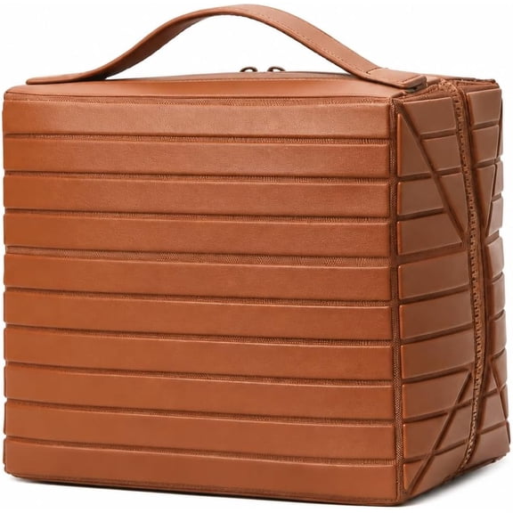 Fold Down Travel Makeup Organizer Bag for Women, Large Capacity Lay Flat Waterproof Cosmetic Toiletry Bag with Multiple Compartments for Makeup Brushes Skincare Travel Storage, Brown