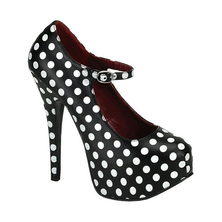 Womens Polka Dot Mary Jane Pumps Black Red Classy Retro Shoes 5 3/4 Inch Heel
