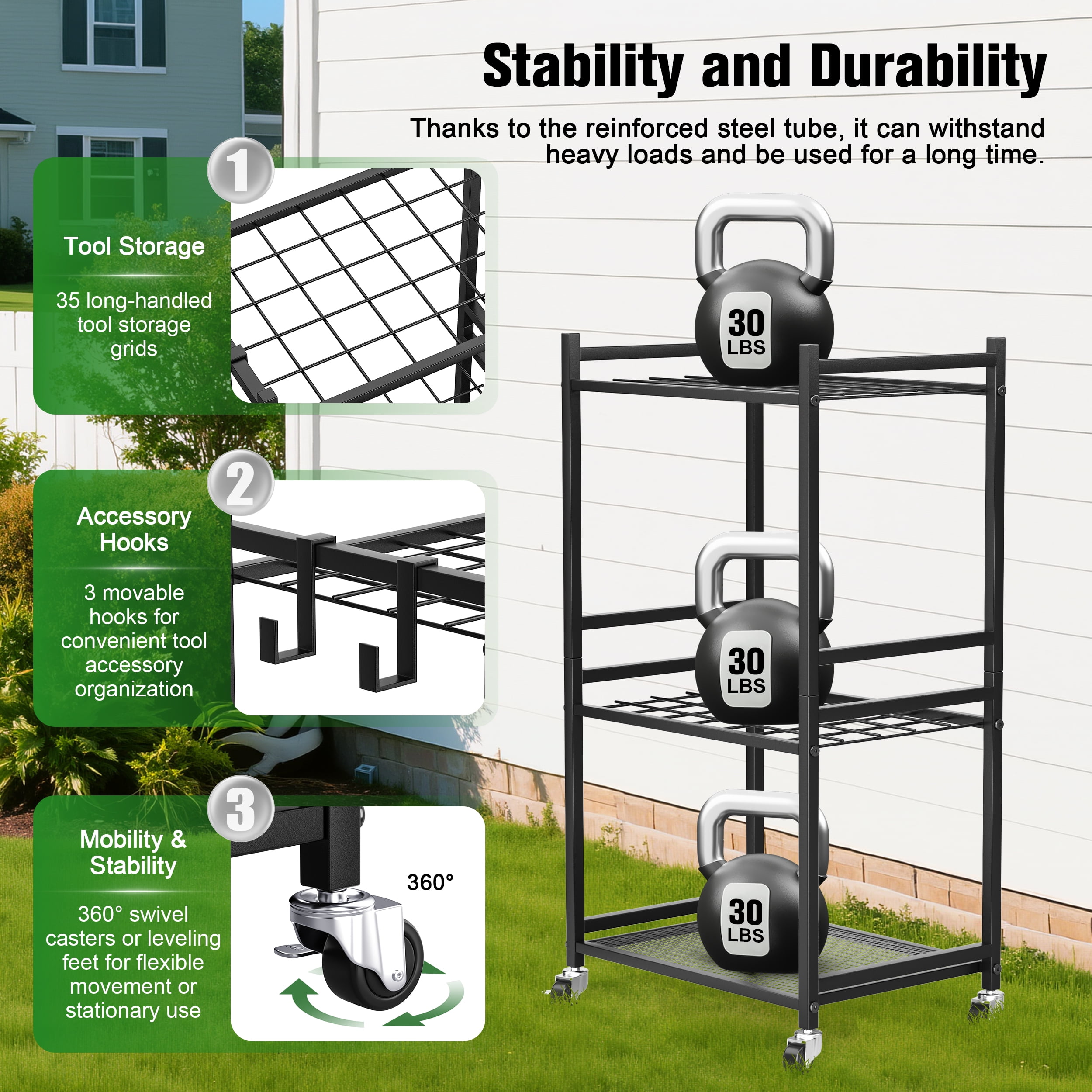 RELOIVE Garden Tool Organizer With Wheels, Yard Tower Rack for Garage Storage, Up to 35 Long-Handled Tools, Sturdy Metal Steel Holder With 3 Hooks, Outdoor, Black
