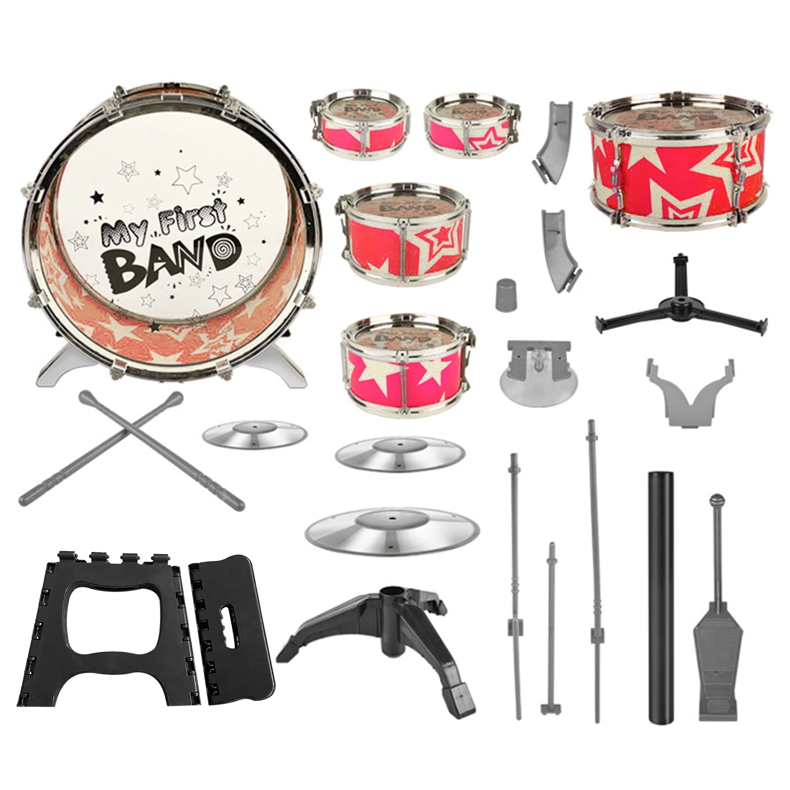 Drum Kit Kids Drum Set 6 Piece Jazz Drum Kit with Cymbal Pedal Drumsticks Folding Step Stool Percussion Musical Instrument for Children Beginners Plastic Metal