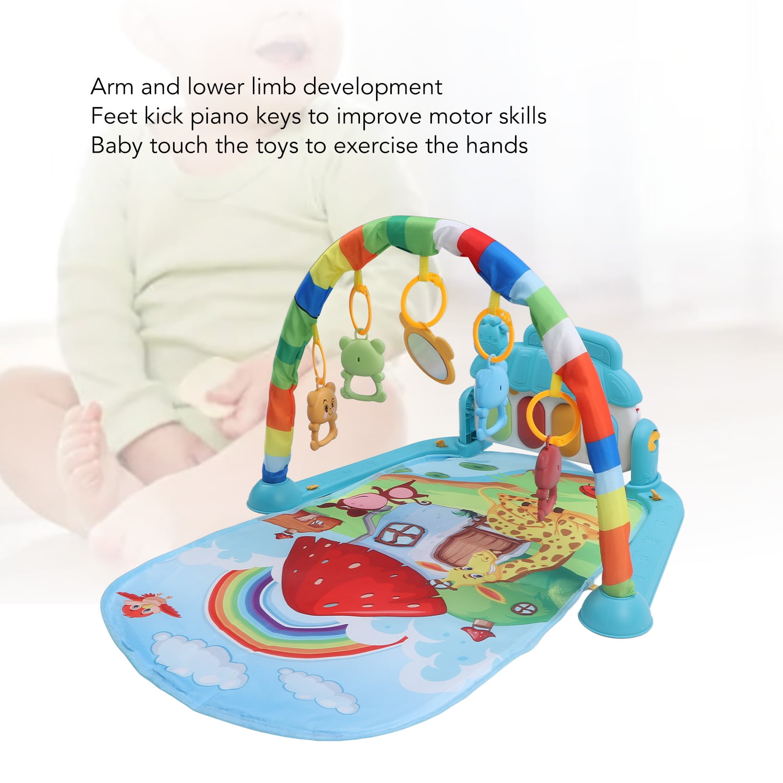 BIMZUC Baby Gym Play Mat Learning Sensory Sound Infant Kick Play Piano Mat Toy for Newborns Mushroom Animal Pattern Tummy Time Activity Center with Hanging Toys Portable Design 17.32 inches / 44 cm