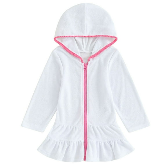 Coerni Girls Cute Ruffle Hoodie Swimsuit Causal Long Sleeve Hooded Beach Dress Baggy Zipper Bathing Suit Cover Up Robe