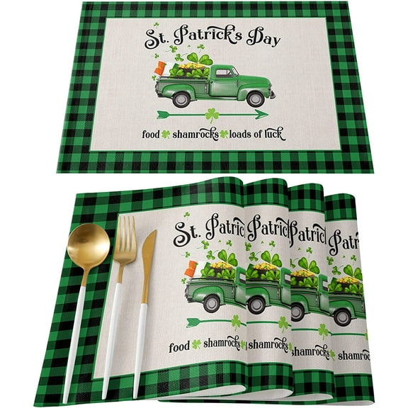 Rdsfhsp St. Patrick's Day Truck Placemats Set of 4, Shamrocks Clovers Green Plaid Dining Place Mats, Heat Insulation Table Mats Set for Spring Summer Home Dining Table Decorations 12x18 Inch