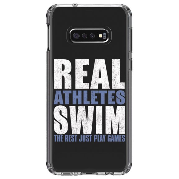 DistinctInk Clear Shockproof Hybrid Case for Samsung Galaxy S10e (5.8" Screen) - TPU Bumper Acrylic Back Tempered Glass Screen Protector - Real Athletes Swim Rest Play Games