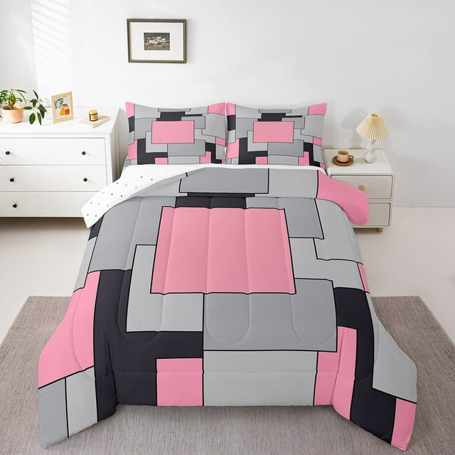 Erosebridal Pink Sqare Comforter Sets Queen Size,Geometric Rectangle Bedding Queen Comforter Set,Abstract Decoration,Reversible,Breathable,3 Pieces