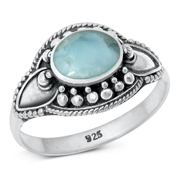 Bali Rope Round Larimar Ring .925 Sterling Silver Band Blue Cubic Zirconia Jewelry Female Size 7