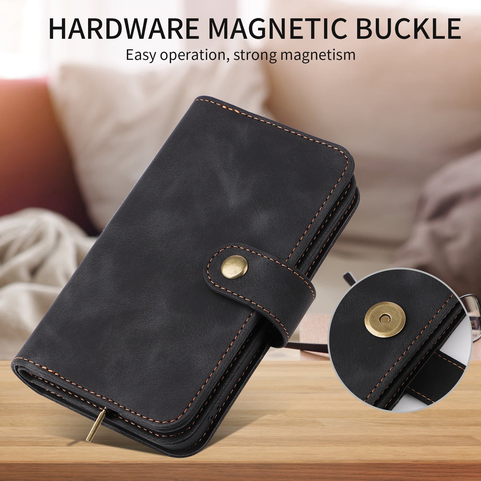 Dteck for Apple iPhone 14 Pro 6.1 inch Wallet Case for Women Men, Sturdy PU Leather Case Magnetic Flip Zipper 7 Cards Holder Wristlet & Shoulder Strap Kickstand Phone Case, Black