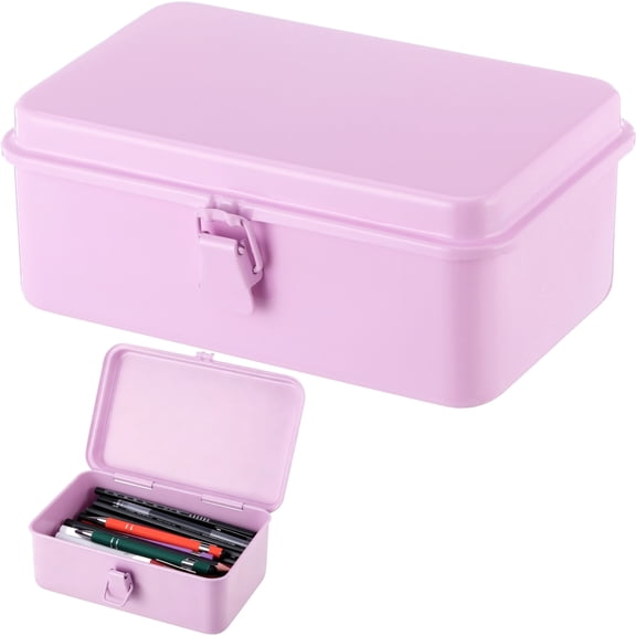 Hinged Lid Steel Storage Box, Metal Container for Scrapbook Stamps, Rectangular Empty Hinged Metal Tool Box, Storage Organizer for Pegs Pens Stationary Office Supplies, Pink