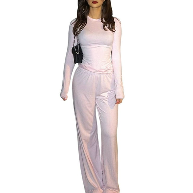 Conjunto de Dos Piezas para Mujer, Estilo Casual, Ideal para Estar en Casa. Incluye Top de Larga Ligeramente Corto y Pantalón de Pierna . Rosa - L