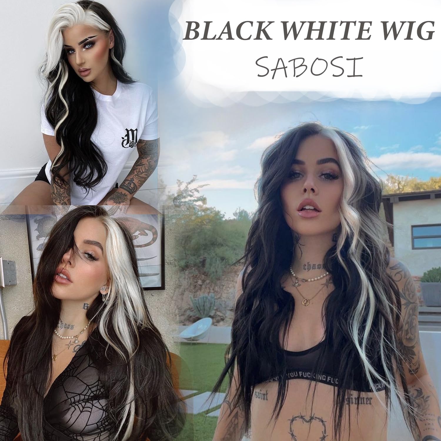 Long Wavy Black White Wigs for Women 26 Inch Middle Part Curly Wavy Wig Natural Looking Synthetic Heat Resistant Fiber Wig for Daily Party Use