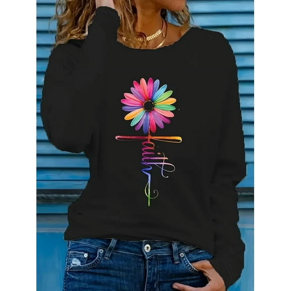Zukuco Womens Faith T Shirts Daisy Graphic Tees Letter Printed Long Sleeve Tee Shirt, S