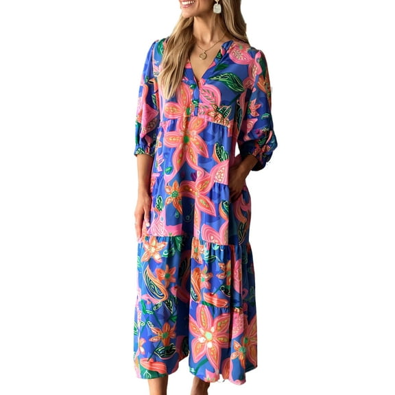 Women's Blue Floral Print 3/4 Sleeve V Neck Tiered Long Dress - Casual Southern Belle Style - [ZhiHiMeRi] | L