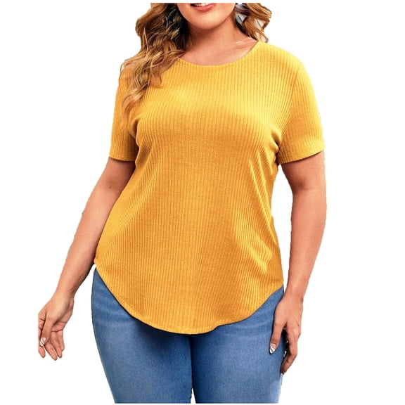 Plus Size Tops for Women Ribbed Round Neck Short Sleeve Shirts Solid Casual Loose Fit Ladies Going out Blouse Tees Yellow