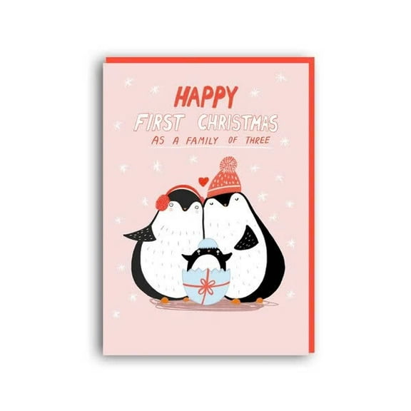 Happy First Christmas as a Family of Three Penguin Greeting Card – Cute & Festive Design – Perfect Holiday Card for New Parents