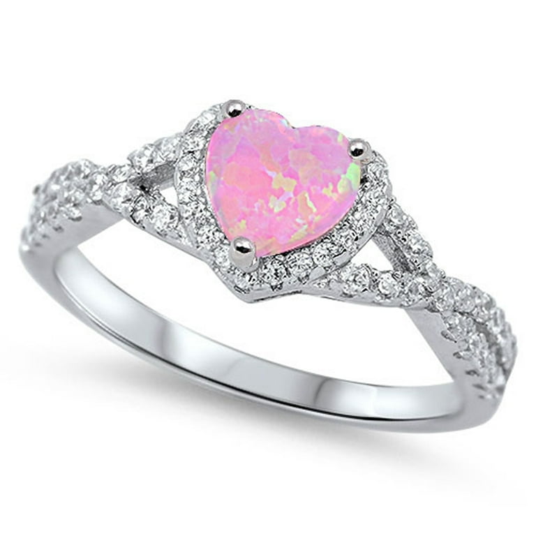 CHOOSE YOUR COLOR Pink Simulated Opal Halo Heart Promise Ring .925