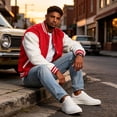 thumbnail image 4 of Delconic Mens Fleece Varsity Jacket Casual Knit Stand Collar Snap Front Baseball Style Outerwear Ribbed Trim Regular Fit Red 2XL, 4 of 9