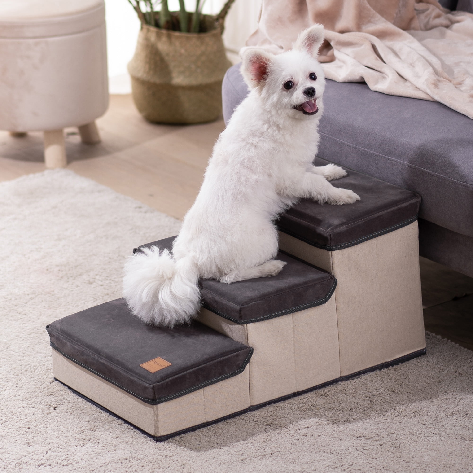 Pefilos 24" 3-Step Dog Stairs with Storage, Foldable Pet Steps for High Beds, Pet Stairs Ramp, Gray Pefilos 24" 3-Step Dog Stairs with Storage, Foldable Pet Steps for High Beds, Pet Stairs Ramp, Gray