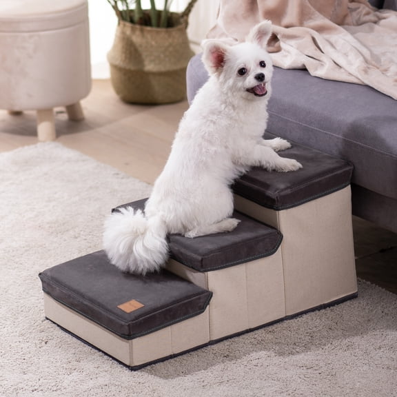 Pefilos 24" Dog Stairs with Storage, Foldable Pet Steps for High Beds, 3-Step Pet Stairs Ramp Puppy Toy Storage Box for Dogs Cats Small Pets, Gray