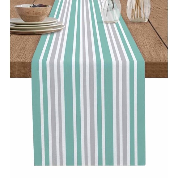 Turquoise Stripes Table Runners 90 Inches Long, Cotton Linen Fabric Table Runner Dresser Scarf, Modern Minimalist Horizontal Lines Tablerunner for Party/Kitchen/Dinner/Wedding Decor 13''x90''
