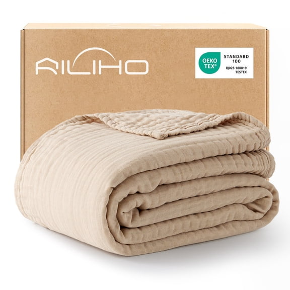 100% Cotton Muslin Blanket 50"x 70", 6 Layers Lightweight and Breathable Throw Blankets for Couch, Soft Cooling Gauze Blanket for Adults All Season, Linen Beige