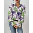thumbnail image 3 of Women'S Floral Dressy Casual V Neck Button Down Shirts Lantern Long Sleeve Boho Chiffon Fall Tops Purple-Green S, 3 of 7