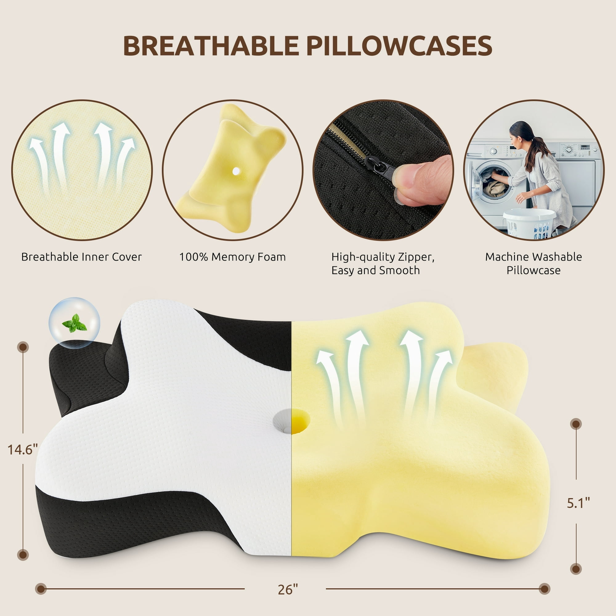 MOONORAH Memory Foam Pillows Neck Support Pillow for Pain Relief,Ergonomic Cervical Pillow Sleeping for Shoulder Pain,Orthopedic Contour Bed Pillow for Side Back Stomach Sleepers,Blac,Queen 24×14.9in