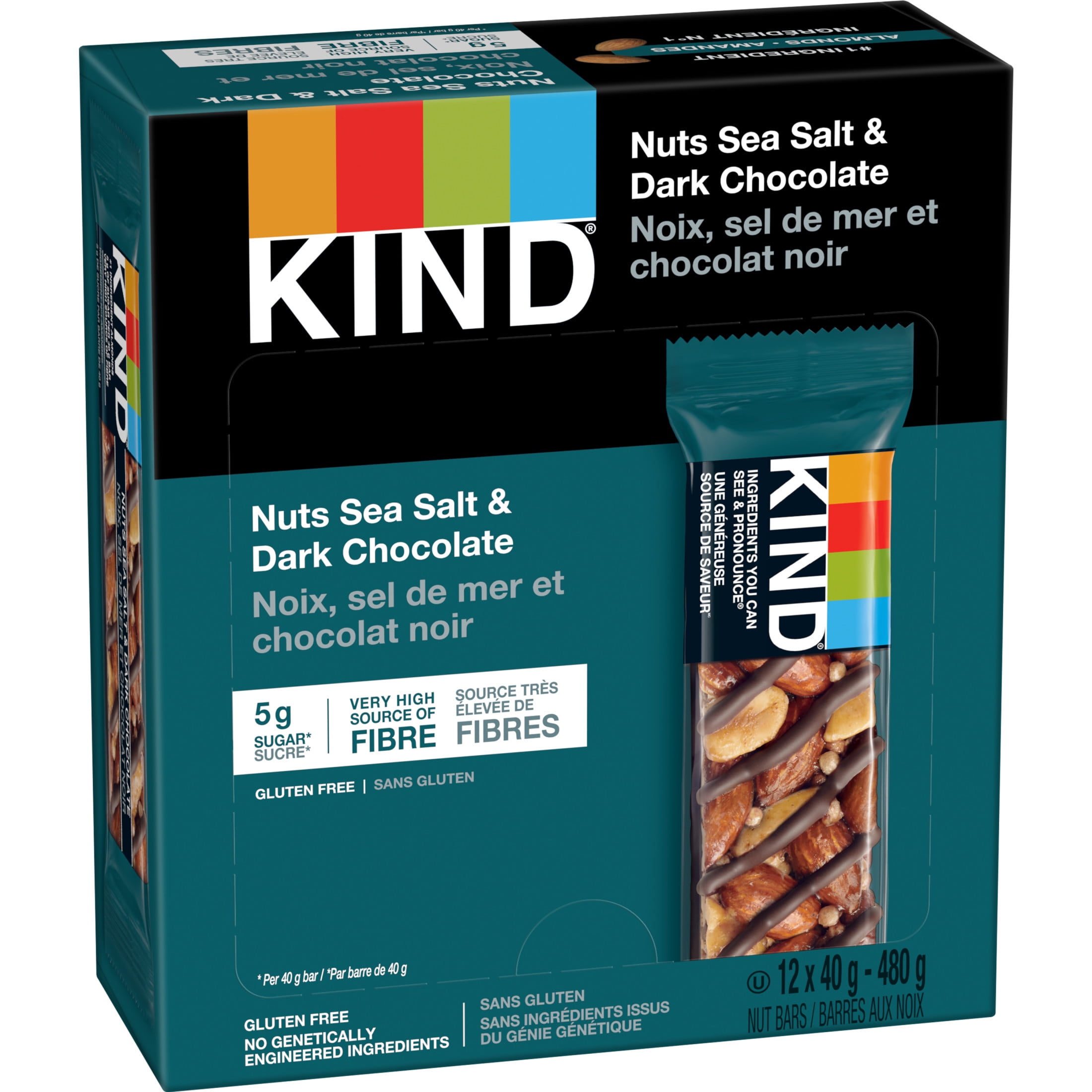 KIND Barres Noix, sel de mer et chocolat noir, 40 g, boîte de 12 unités Paquet de 12 barres d'écrous KIND
