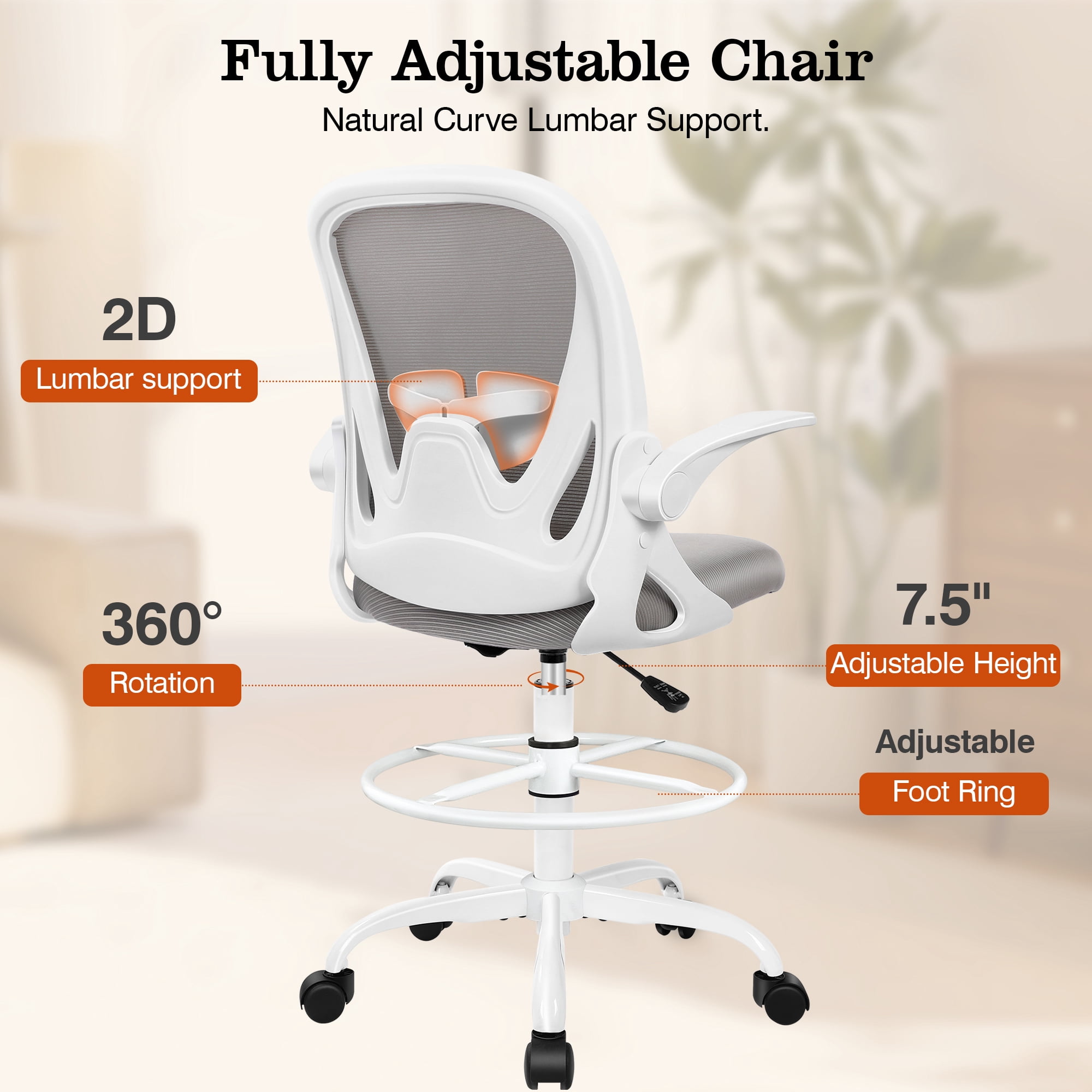 COOLHUT Tall Office Chair 400lbs with Footrest Ring, Standing Desk Chair with Flip-up Armrests, Adjustable Swivel Rolling Mesh Standing Desk Stool with Lumbar Support for Adults, Gray