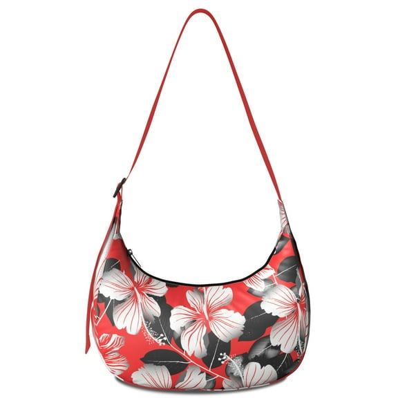 Summer Beach Tropical Floral Crossbody Bag for Women Hawaiian Print Corduroy Shoulder Purse with Adjustable Strap Exotic Botanical Crescent Sling Bag