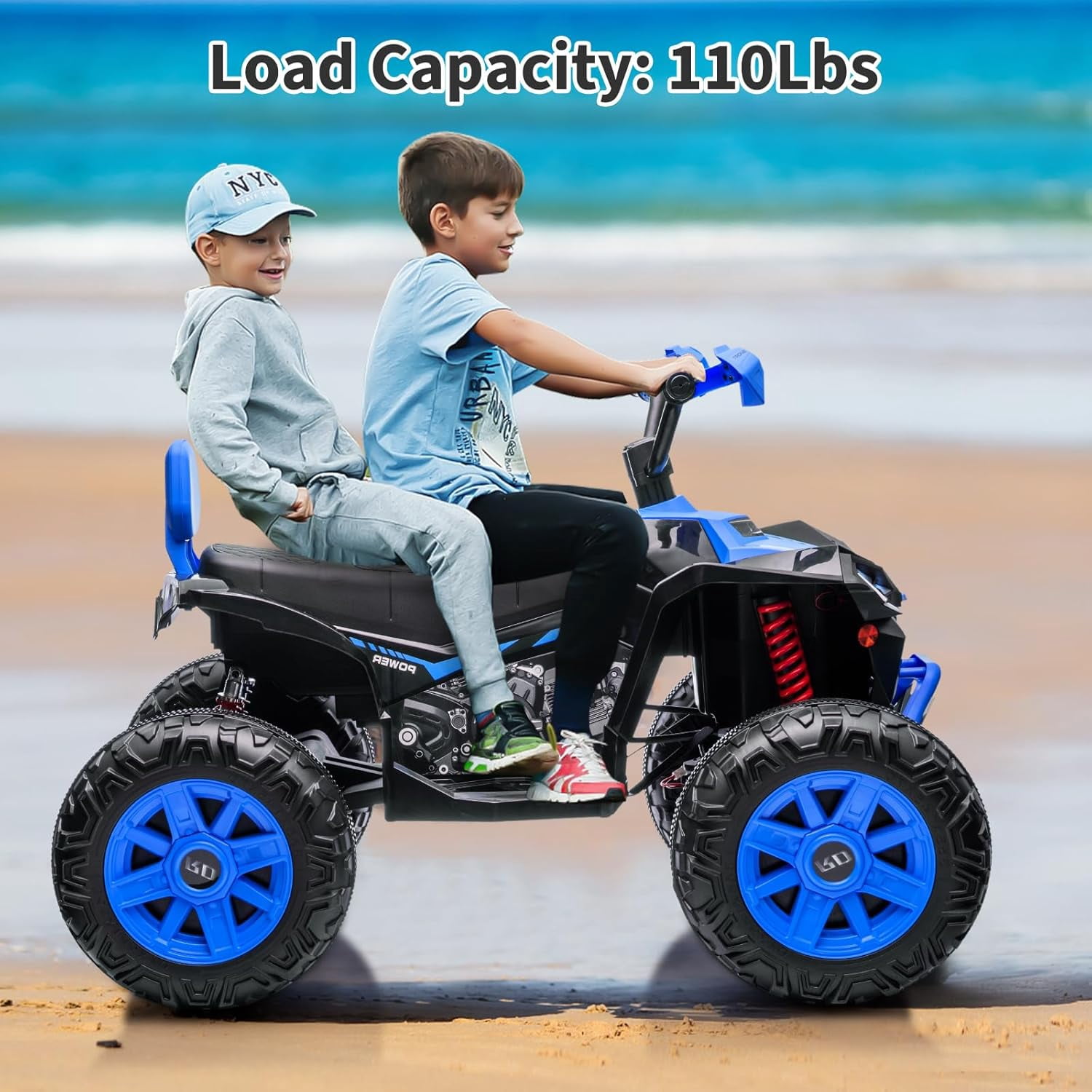 24V Ride-On 2-Seater Electric ATV for Kids – Four-Wheel Off-Road Vehicle with 3-Speed Control, Hydraulic Suspension, Disc Brakes, LED Lights, MP3 Player & Multi-Axis Steering, Blue