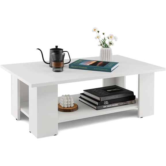 JIANYI Modern 2-Tier Coffee Table, Rectangular Center Cocktail Table with 5 Support Legs, Wooden Accent Living Room Furniture, Small Coffee Table, Easy Assembly (White)