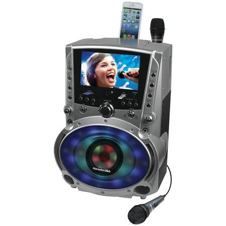 Karaoke USA GF758 Complete Bluetooth Karaoke System with LED Sync Lights- 50 Watt Power Output includes 2 Microphones, Remote Control, 7” Color Screen, Record Function. Plays DVD/CDG/MP3G / USB /SD