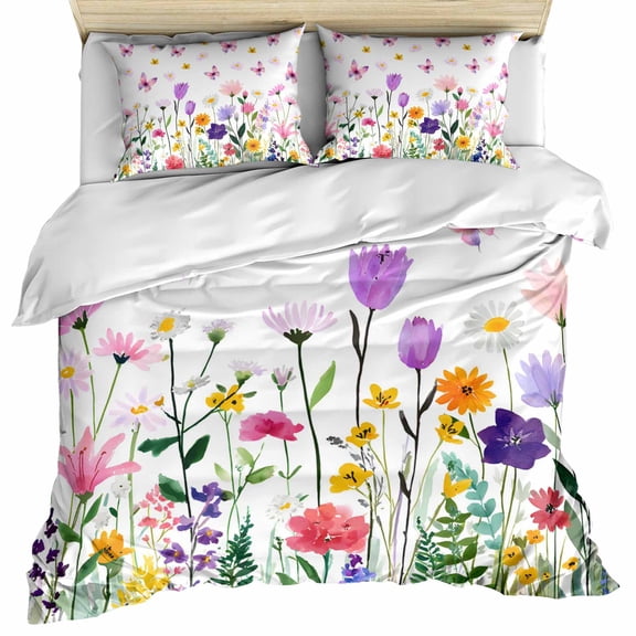 Spring Floral Bedding 3 Piece Duvet Cover Set Queen Size, Butterflies Botanical Farmhouse Soft Microfiber Comforter Cover with Zipper Closure & Pillowcases, Wrinkle & FadeResistant Quilt Cover