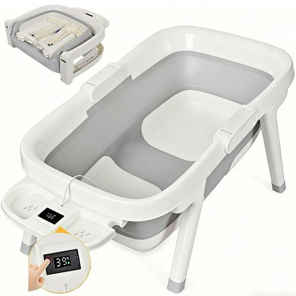 Foldable Baby Bath Tubs, Large Size 70x40x21.5cm Baby Bathtub for Ages up to 36 Months, Portable Travel Baby Tubs withTemperature Sensor and Drain Hole, Grey