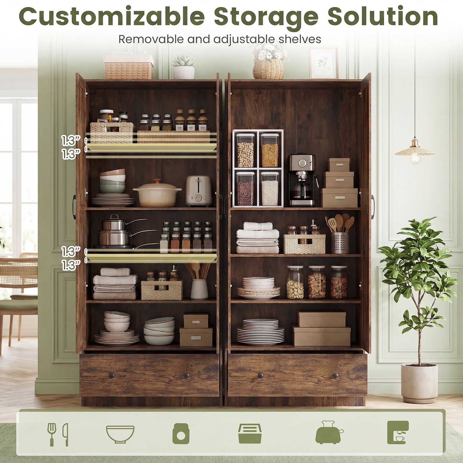 Costway 72" Tall Kitchen Pantry Cabinet, Farmhouse Wooden Cupboard with 2 Doors, Drawer Rustic Brown
