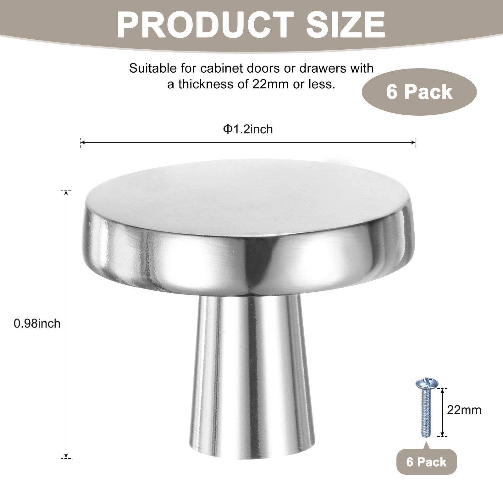 Uxcell 6-Pack Brushed Satin Cabinet Knobs, 1-1/5" Round Modern Zinc Alloy Knobs Handles [Bright Silver]