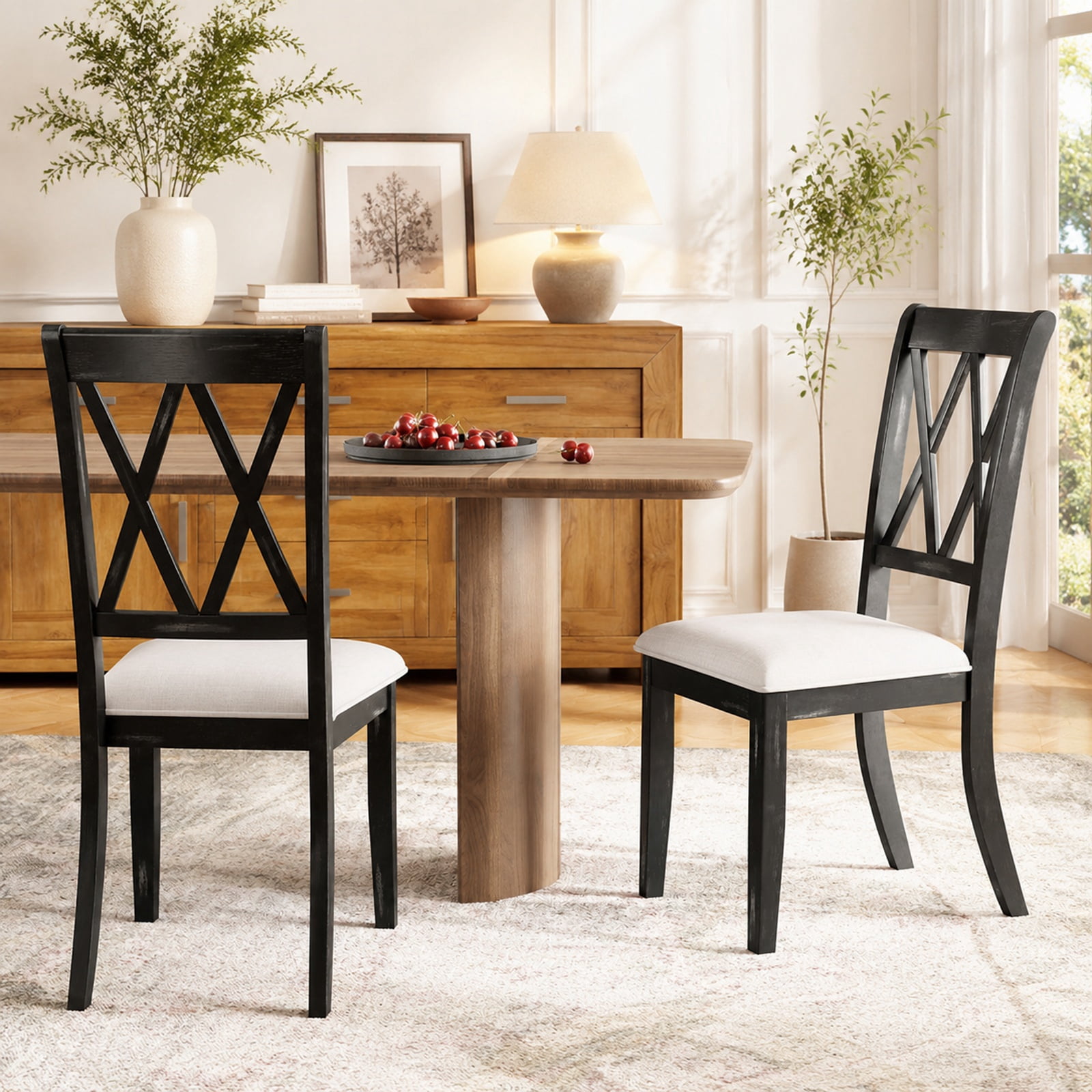 Furnibear Upholstered Dining Chairs Set of 2 Kitchen Side Chairs with Curved Cross Back and Natural Rubber Wood Legs for Dining Room, Beige