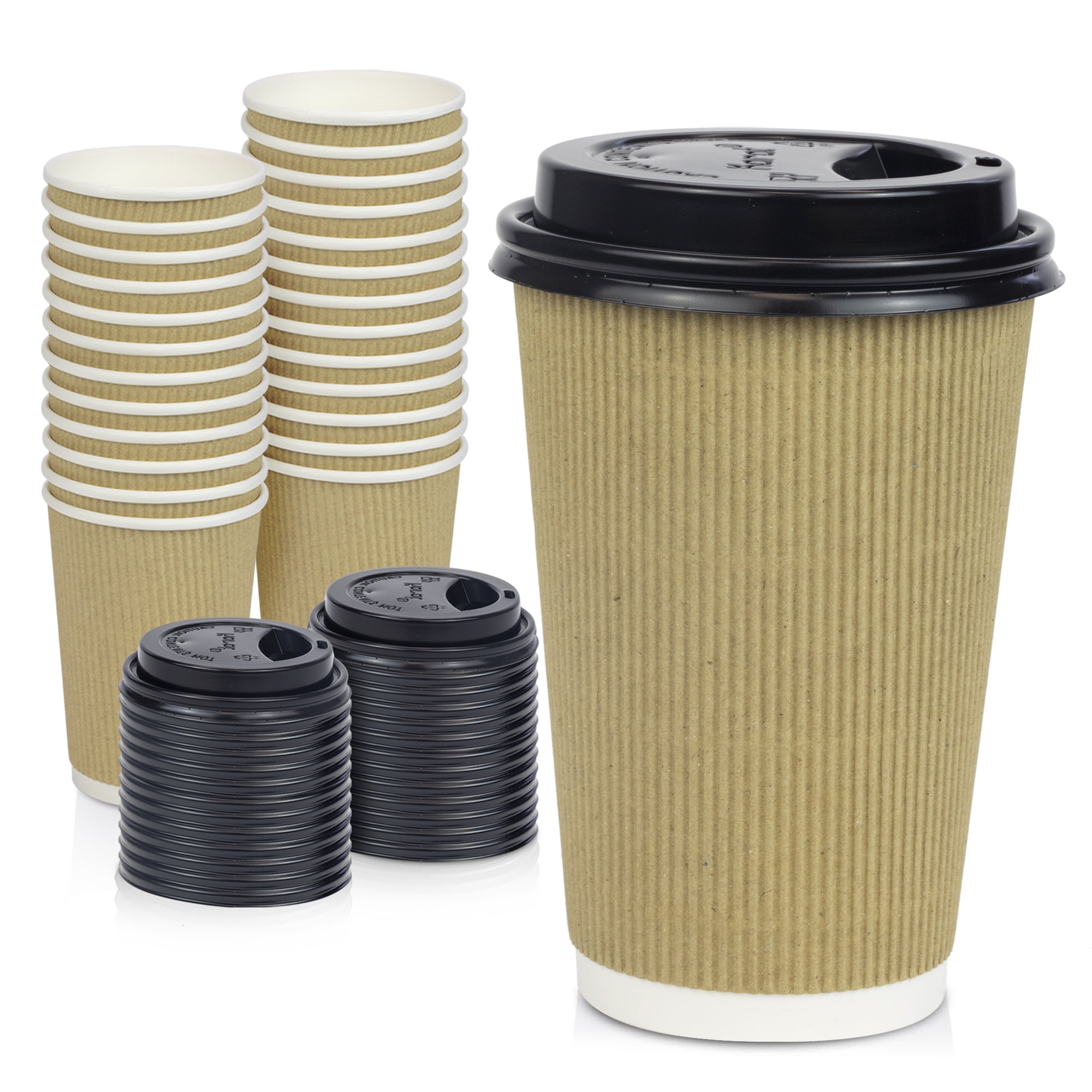 50 x 16oz Disposable Paper Coffee Cups & White Sip Lids Ripple Weave Hot Drinks 