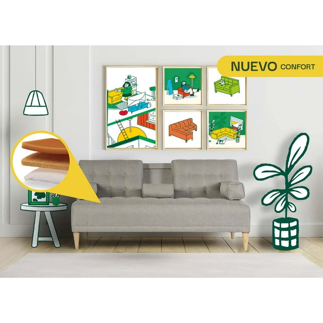Sofá Cama Makora Queen con Memory Foam, Color Gris Claro Lino, Respaldo Reclinable de 3 Posiciones