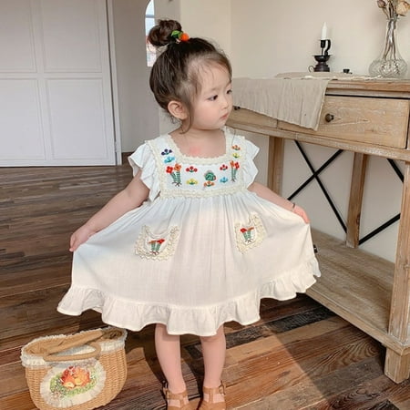 

B91xZ Sun Dress Toddler Kids Baby Girls Clothes Summer Short Sleeve Embroidery Flower Pattern Princess Dress Casual Beach Beige Size 3-4 Years
