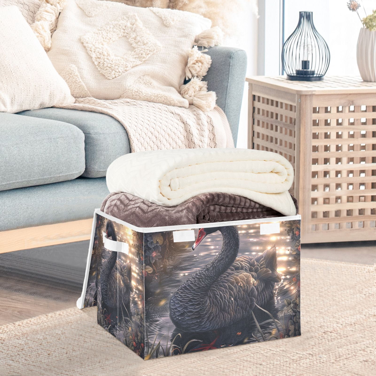 Black Swan Storage Basket for Shelves Foldable Container Organizer for Organizing Toys Clothes Books with Handles