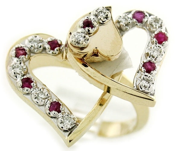 Two Hearts of Gold Rubies and Diamonds Spinner Ring - FL820A