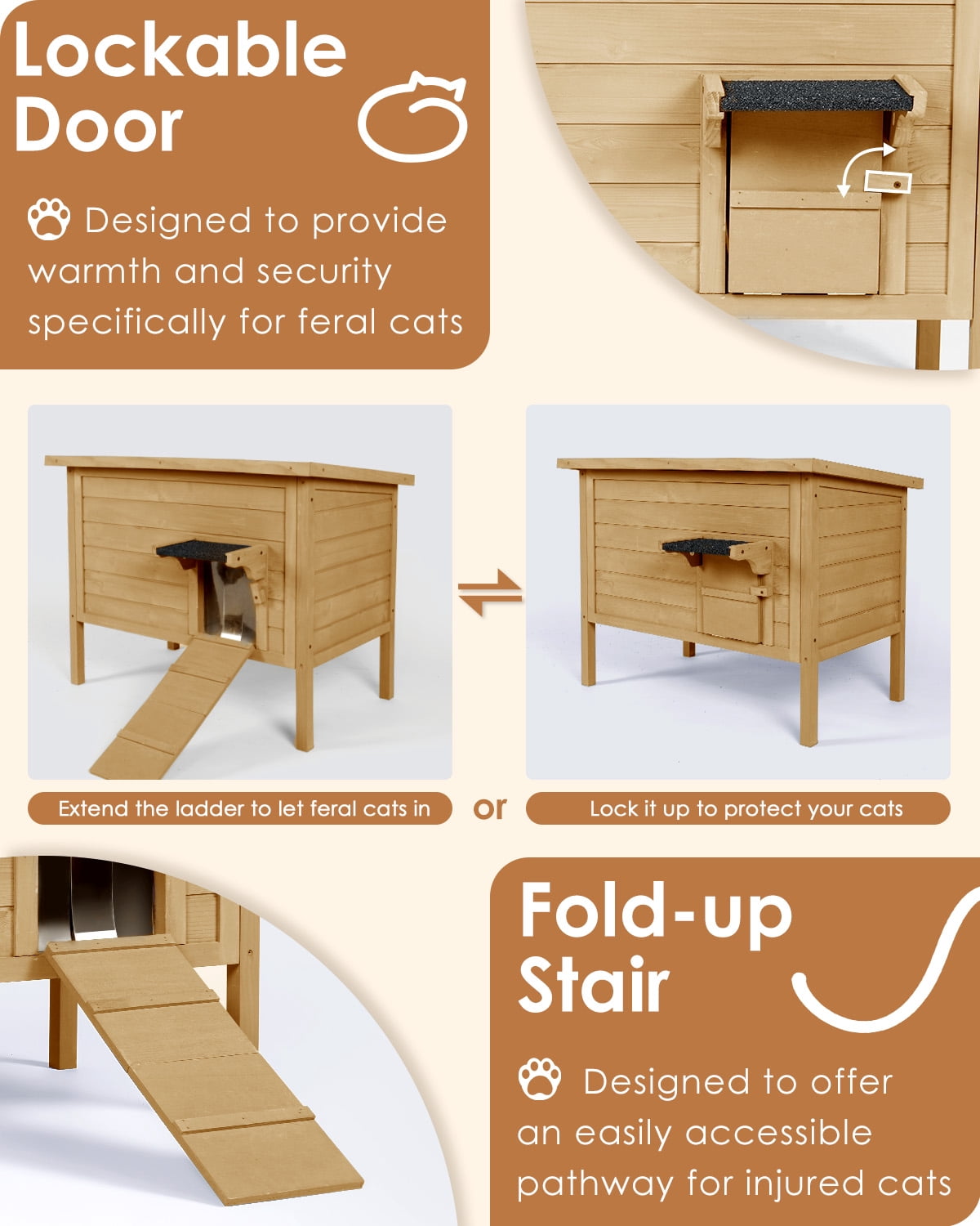 FURRYFECTION Outdoor-Cat-House, Large Wooden Weatherproof Pet House for Multiple Cats with fold-up Stair & Visible Side Window