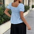 thumbnail image 3 of Favoffer Womens Blouse Top V Neck Puff Sleeve Ruched Loose Hem Solid Color Short Sleeve Lightweight Summer Casual Short Clothes, 3 of 6
