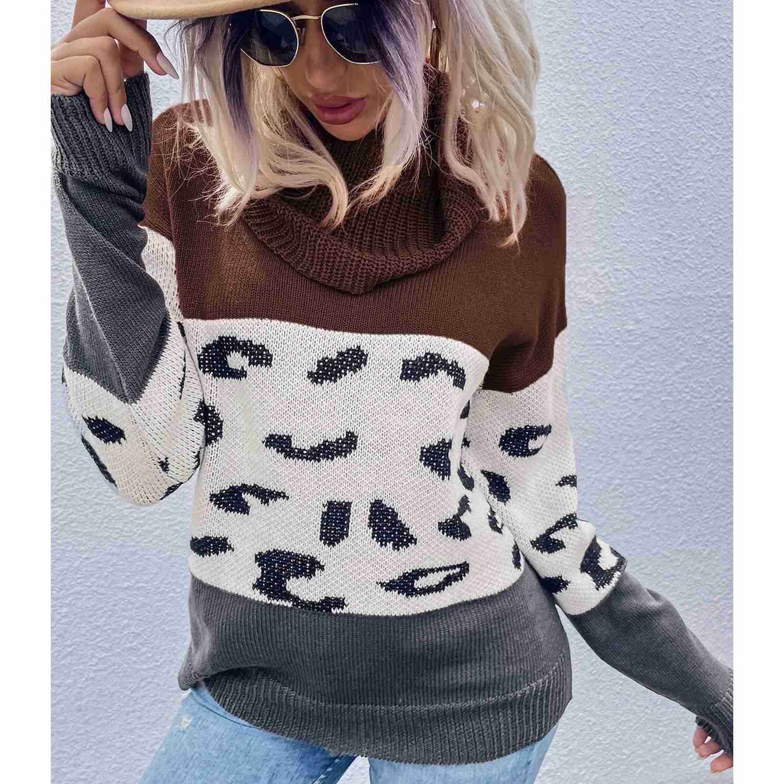 Women Sweater Leopard Print Contrast Color High Collar Drop Shoulder Sleeves Pullover Sweater Brown M Walmart