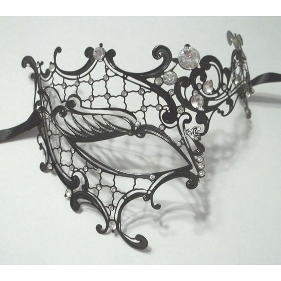 Black Phantom Laser Cut Venetian Half Mask Masquerade Metal Filigree Halloween