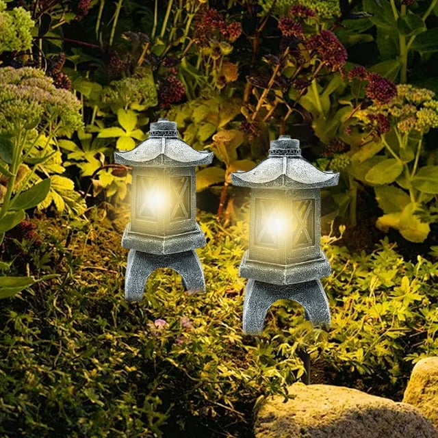 Lámpara de Pagoda de Piedras Solares, de Resina Gris, Ideal para Decoración de Exteriores | Lámpara Garden Vibes, 26 X 14,5 X 14,5 Cm | 1 Unidad