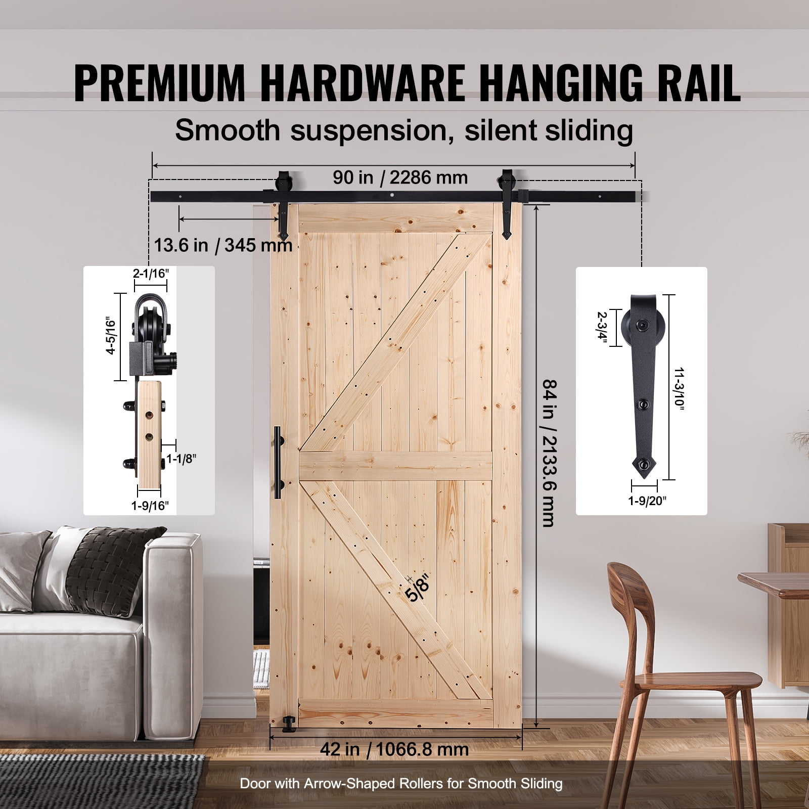 KFFKFF 42" x 84" Barn Door Hardware kit, Barn Door Track, Spruce Wood Panelled Slab, Sliding Door Hardware kit, Smoothly and Quietly -Heavy Duty Sturdy, Barn Door Kit with 8-in-1 Floor Guide